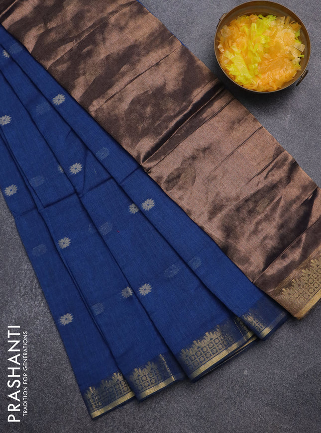 Bengal soft cotton saree cs blue with thread woven buttas and zari woven border