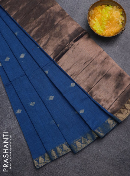 Bengal soft cotton saree cs blue with thread woven buttas and zari woven border