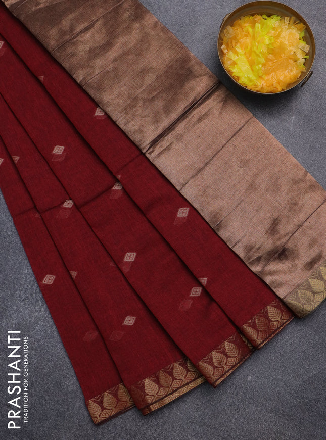 Bengal soft cotton saree maroon with thread woven buttas and zari woven border