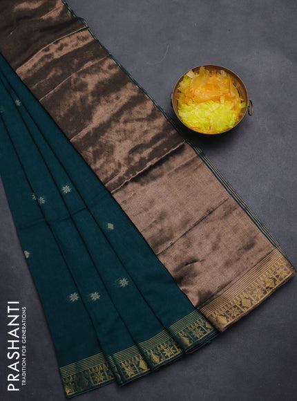 Bengal soft cotton saree peacock green with thread woven buttas and zari woven border