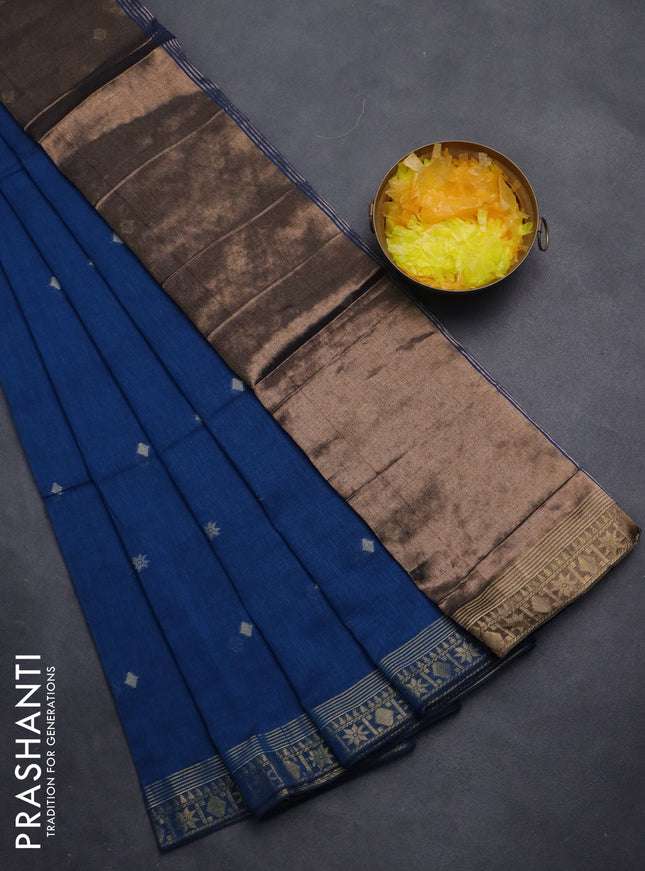 Bengal soft cotton saree cs blue with thread woven buttas and zari woven border