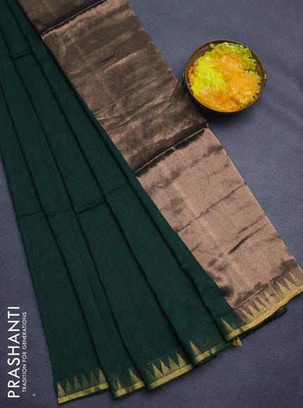 Bengal soft cotton saree green with plain body and temple design zari woven border