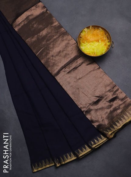 Bengal soft cotton saree navy blue with plain body and temple design zari woven border