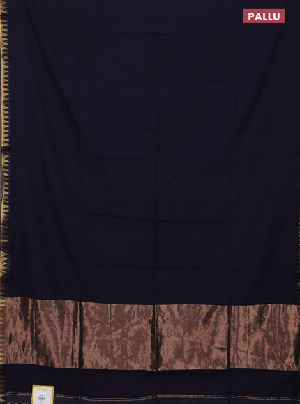 Bengal soft cotton saree navy blue with plain body and temple design zari woven border