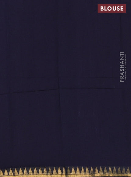 Bengal soft cotton saree navy blue with plain body and temple design zari woven border