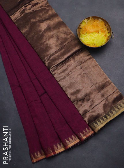 Bengal soft cotton saree dark magenta [ink with plain body and temple design zari woven border