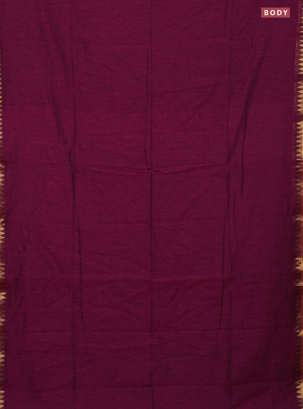 Bengal soft cotton saree dark magenta [ink with plain body and temple design zari woven border