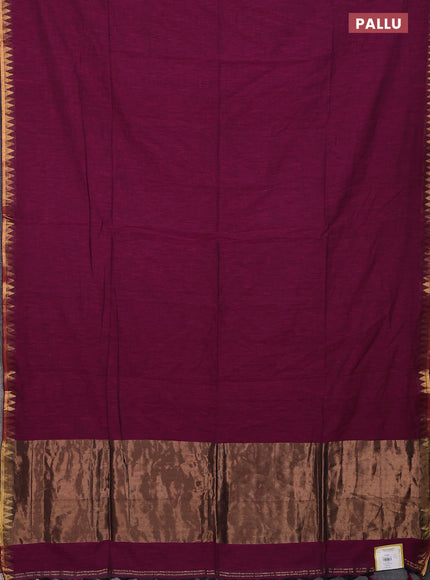 Bengal soft cotton saree dark magenta [ink with plain body and temple design zari woven border