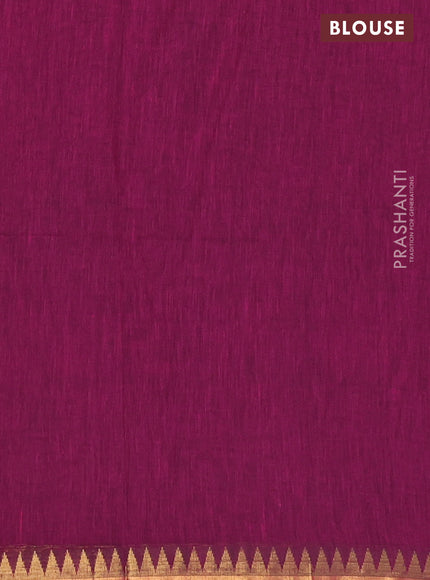 Bengal soft cotton saree dark magenta [ink with plain body and temple design zari woven border