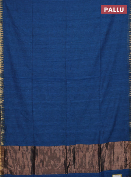 Bengal soft cotton saree cs blue with plain body and temple design zari woven border