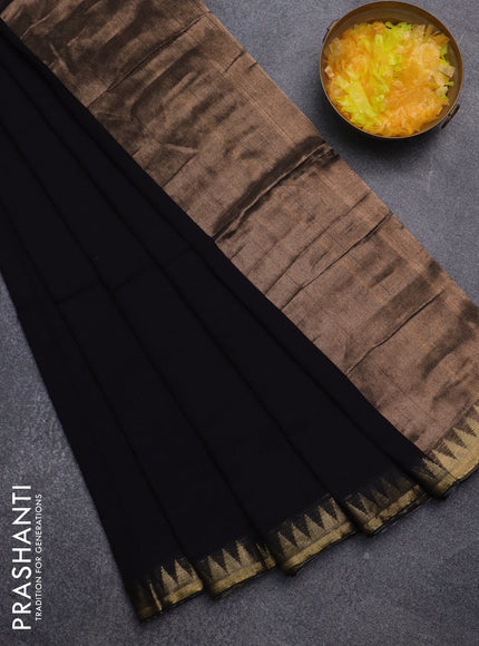 Bengal soft cotton saree black with plain body and temple design zari woven border