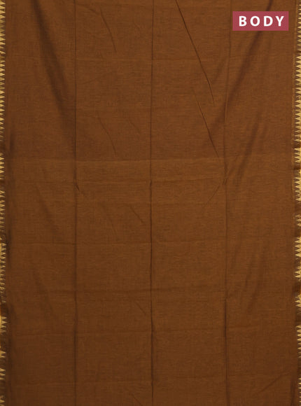 Bengal soft cotton saree dark msutard with plain body and temple design zari woven border