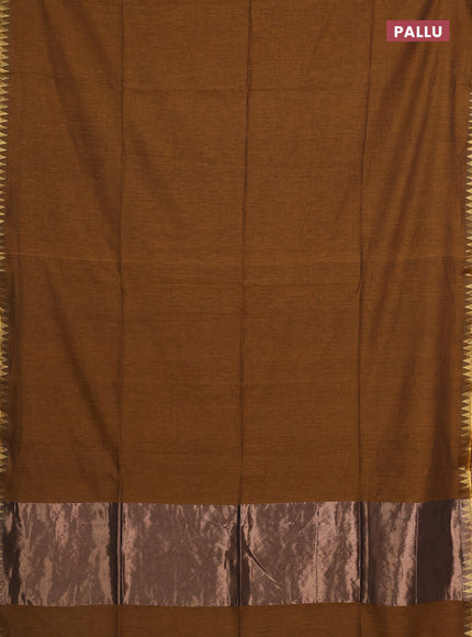 Bengal soft cotton saree dark msutard with plain body and temple design zari woven border