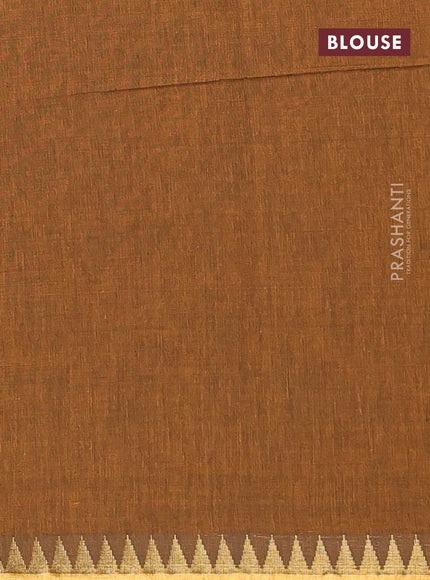 Bengal soft cotton saree dark msutard with plain body and temple design zari woven border