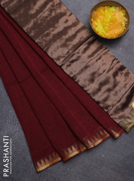 Bengal soft cotton saree maroon with plain body and temple design zari woven border
