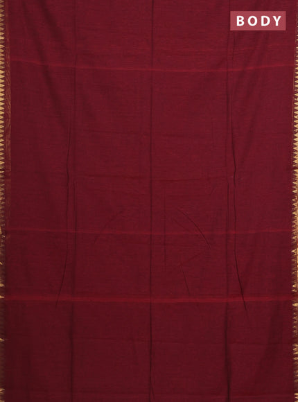 Bengal soft cotton saree maroon with plain body and temple design zari woven border
