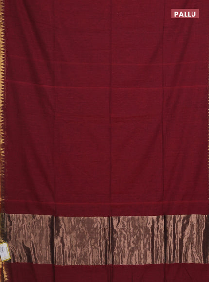 Bengal soft cotton saree maroon with plain body and temple design zari woven border