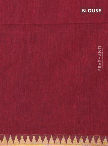 Bengal soft cotton saree maroon with plain body and temple design zari woven border