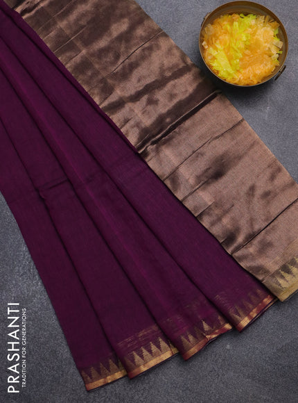 Bengal soft cotton saree purple with plain body and temple design zari woven border