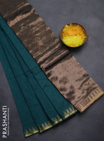 Bengal soft cotton saree peacock green with plain body and temple design zari woven border