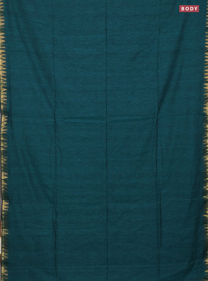 Bengal soft cotton saree peacock green with plain body and temple design zari woven border