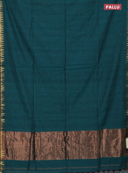Bengal soft cotton saree peacock green with plain body and temple design zari woven border