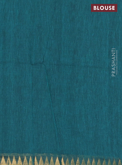 Bengal soft cotton saree peacock green with plain body and temple design zari woven border