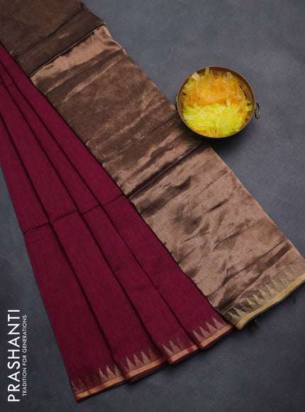 Bengal soft cotton saree magenta pink with plain body and temple design zari woven border