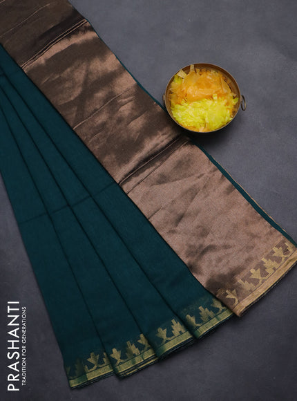 Bengal soft cotton saree peacock green with plain body and zari woven border