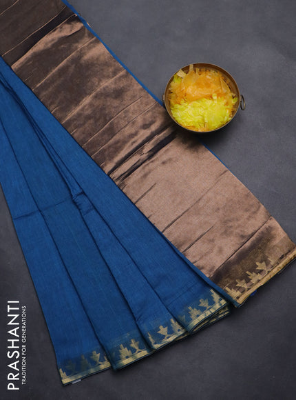 Bengal soft cotton saree cs blue with plain body and zari woven border