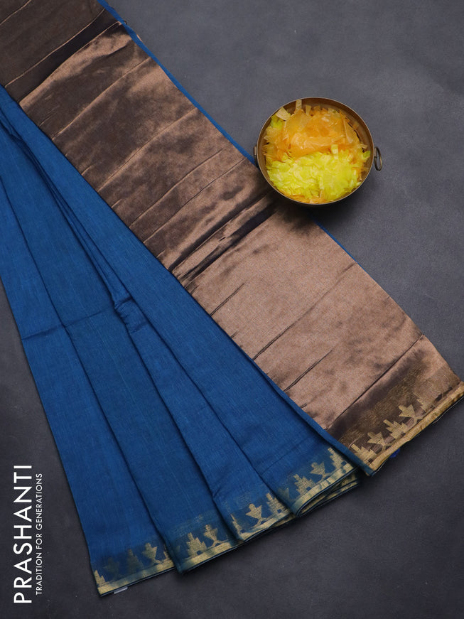 Bengal soft cotton saree cs blue with plain body and zari woven border