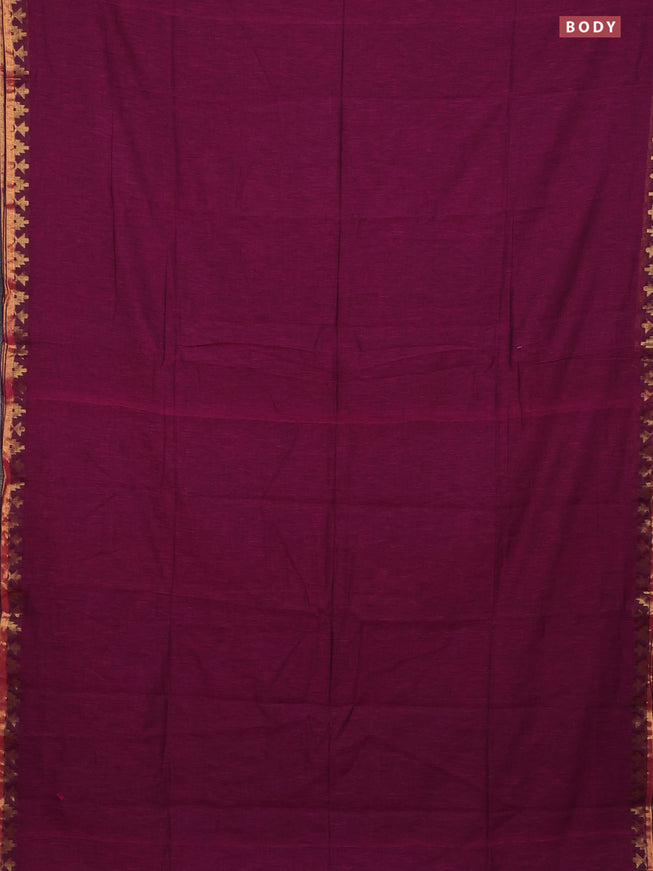 Bengal soft cotton saree dark magenta pink with plain body and zari woven border