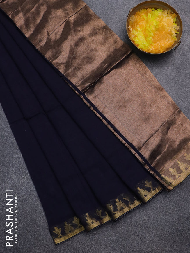 Bengal soft cotton saree navy blue with plain body and zari woven border