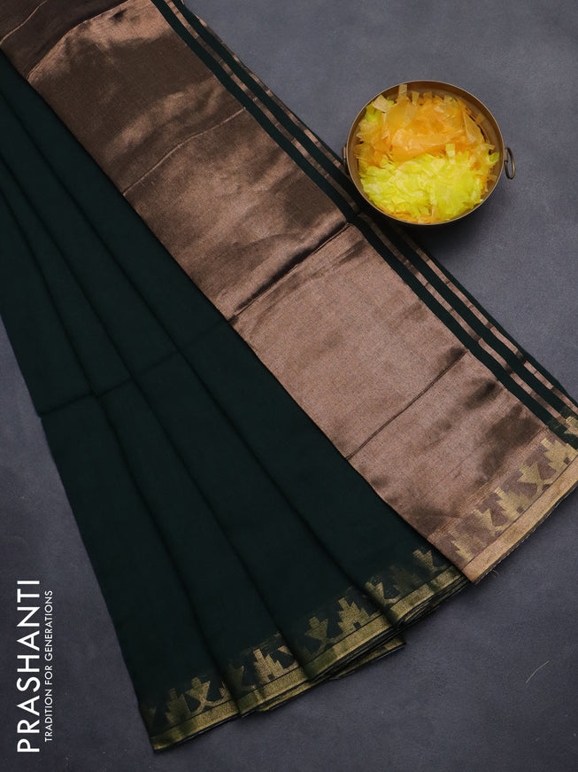 Bengal soft cotton saree bottle green with plain body and zari woven border