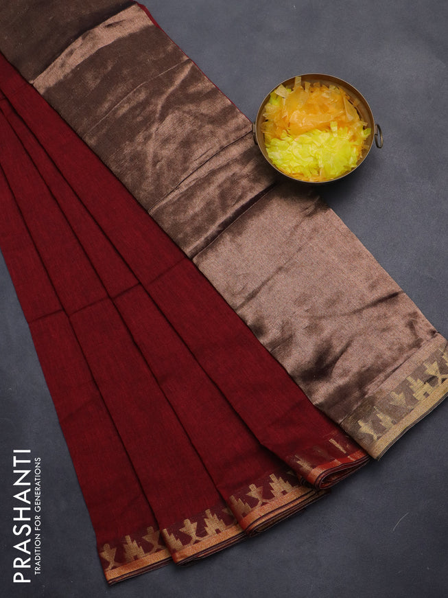 Bengal soft cotton saree maroon with plain body and zari woven border
