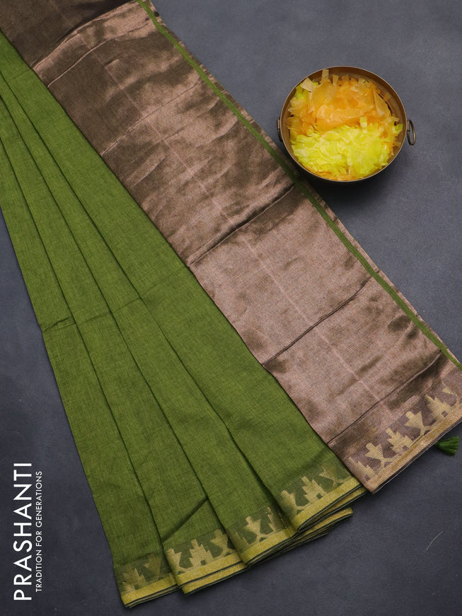 Bengal soft cotton saree mehendi green with plain body and zari woven border