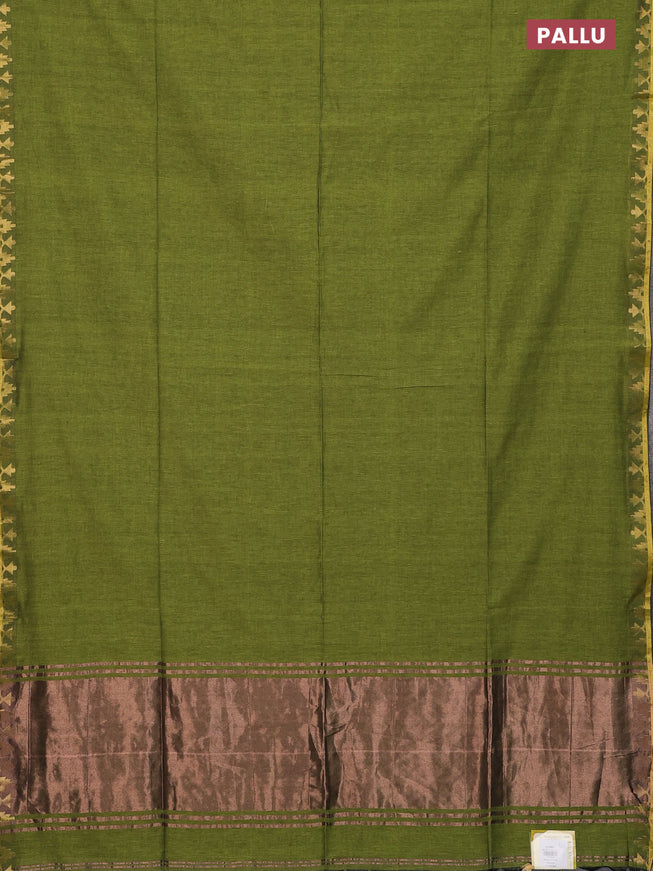Bengal soft cotton saree mehendi green with plain body and zari woven border