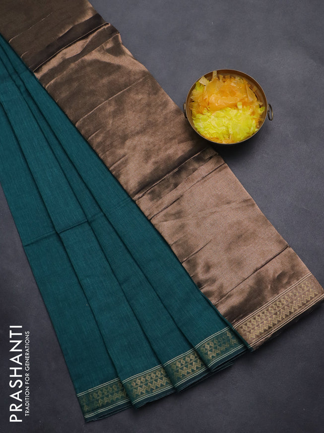 Bengal soft cotton saree peacock green with plain body and zari woven border