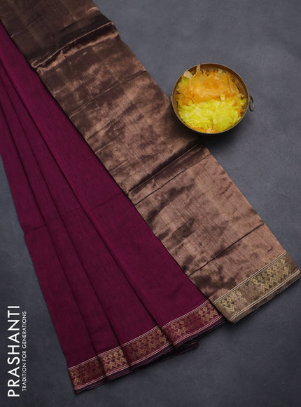 Bengal soft cotton saree dark magenta pink with plain body and zari woven border