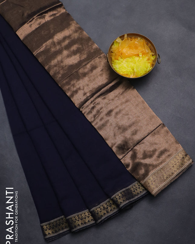 Bengal soft cotton saree navy blue with plain body and zari woven border