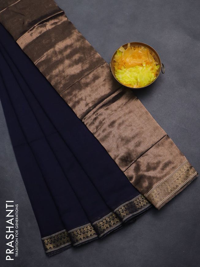 Bengal soft cotton saree navy blue with plain body and zari woven border