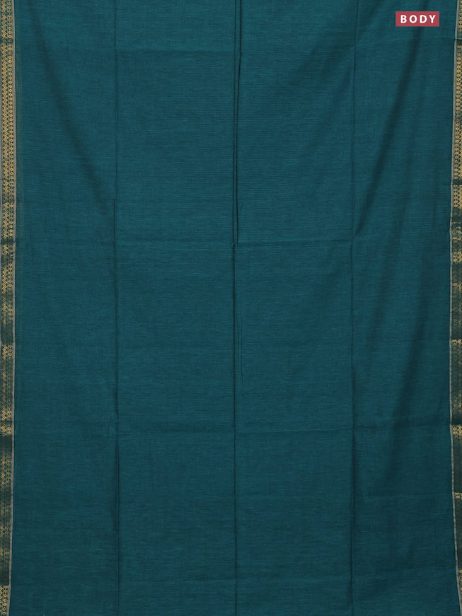 Bengal soft cotton saree peacock green with plain body and zari woven border