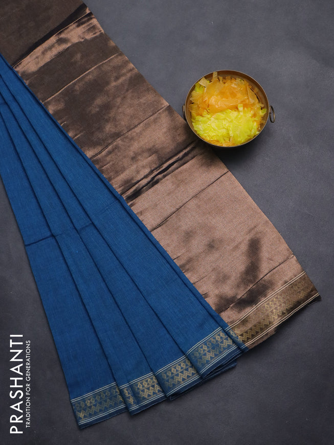 Bengal soft cotton saree cs blue with plain body and zari woven border