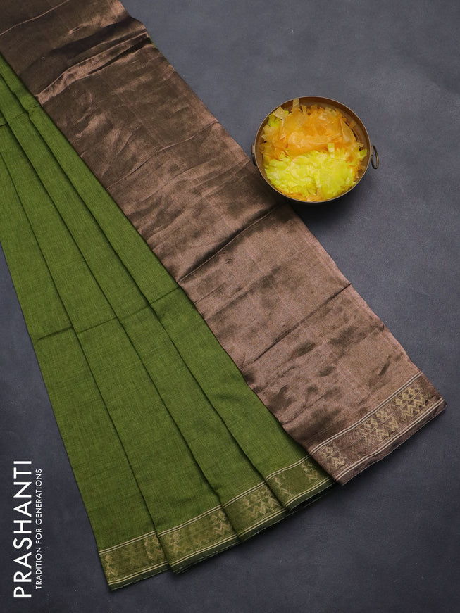 Bengal soft cotton saree mehendi green with plain body and zari woven border