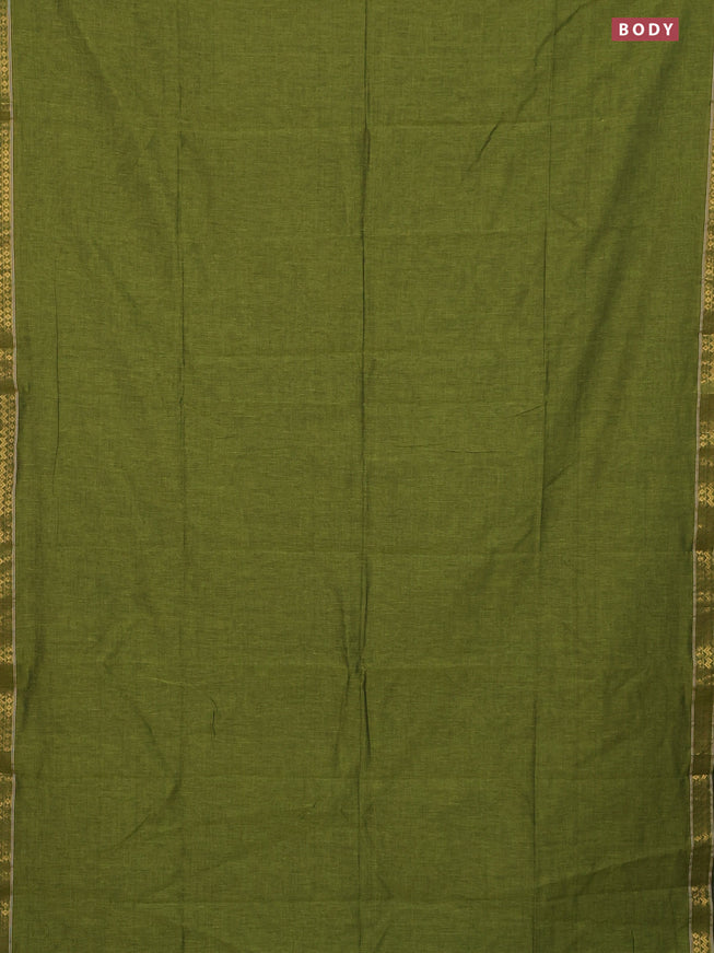 Bengal soft cotton saree mehendi green with plain body and zari woven border