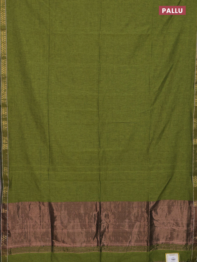 Bengal soft cotton saree mehendi green with plain body and zari woven border