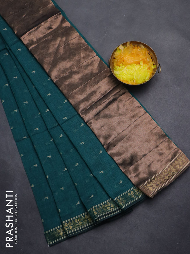 Bengal soft cotton saree peacock green with thread woven buttas and zari woven border