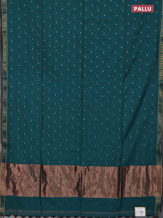 Bengal soft cotton saree peacock green with thread woven buttas and zari woven border