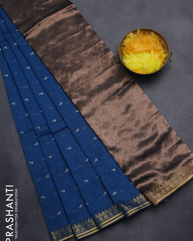 Bengal soft cotton saree cs blue with thread woven buttas and zari woven border