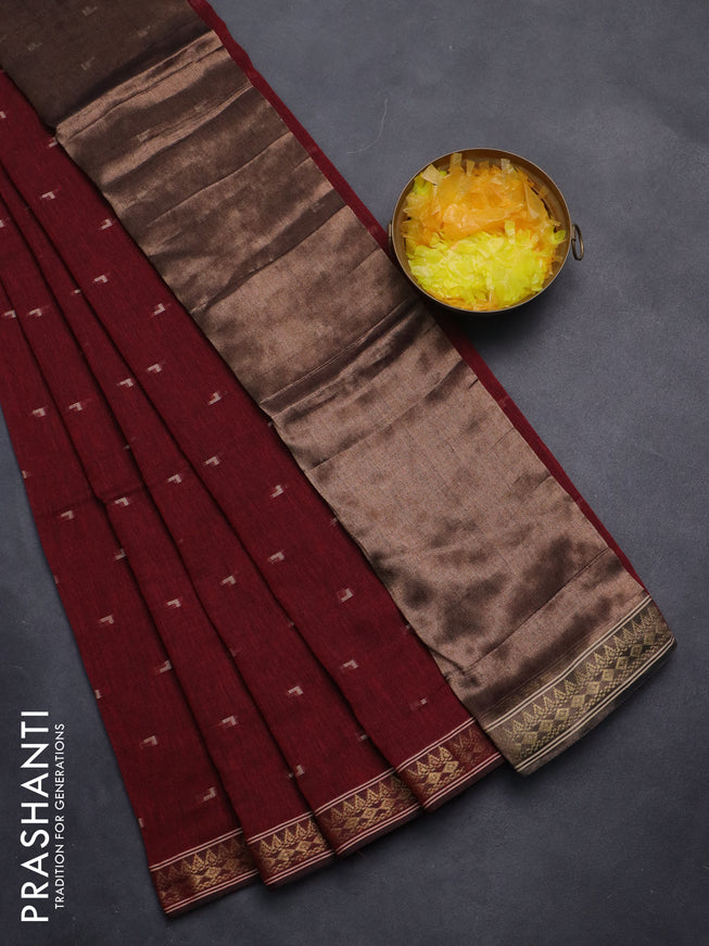 Bengal soft cotton saree maroon with thread woven buttas and zari woven border